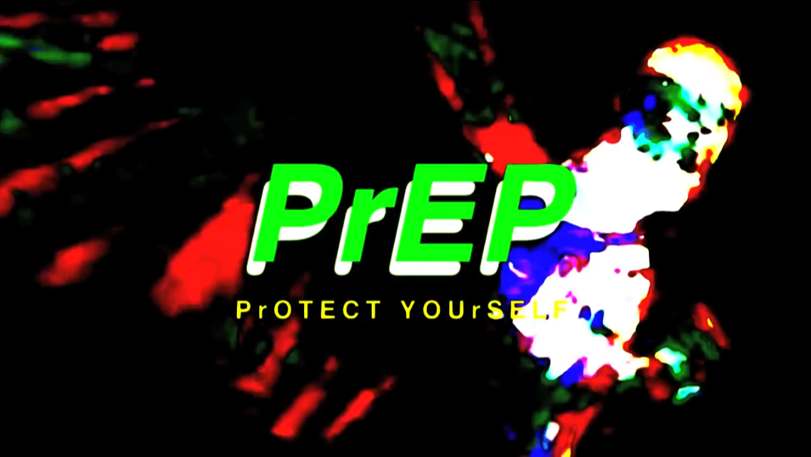 “PrEP PrOTECT YOUrSELF” floats in simple, green and yellow, fluorescent, foregrounded text as a black background outlines in fluorescent, multicolored, heat-map effect the head and torso of an angelic figure in profile facing the right on the right side of the image, it’s huge wing stretching out behind it and across the picture.