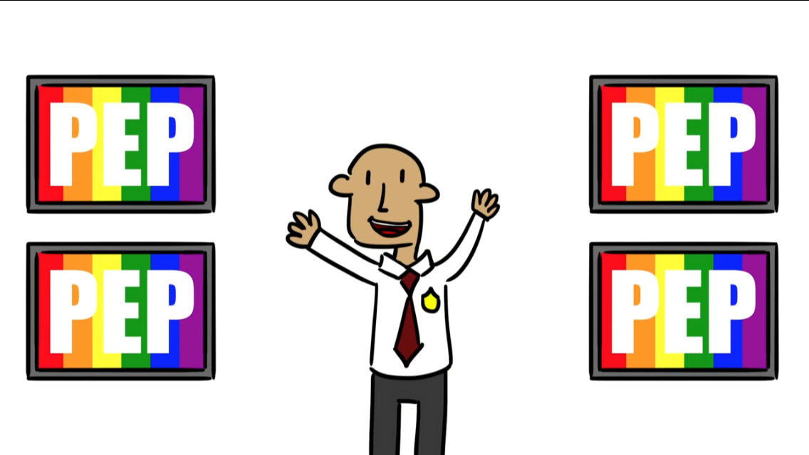 In front of a white background stands a pencil-necked, 2-D, olive-complected, bald, slack-jawed, smiling, computer-drawn male figure in black slacks, white oxford button-down, red tie, and tiny, yellow pocket protector. His arms are raised over his head gesturing to two of the four television screenlike panels, one in each corner of the shot, with vertical rainbow backgrounds, the letters P-E-P in big, block white text overlaid on each rainbow, and brown-outlined-in-Black frames.